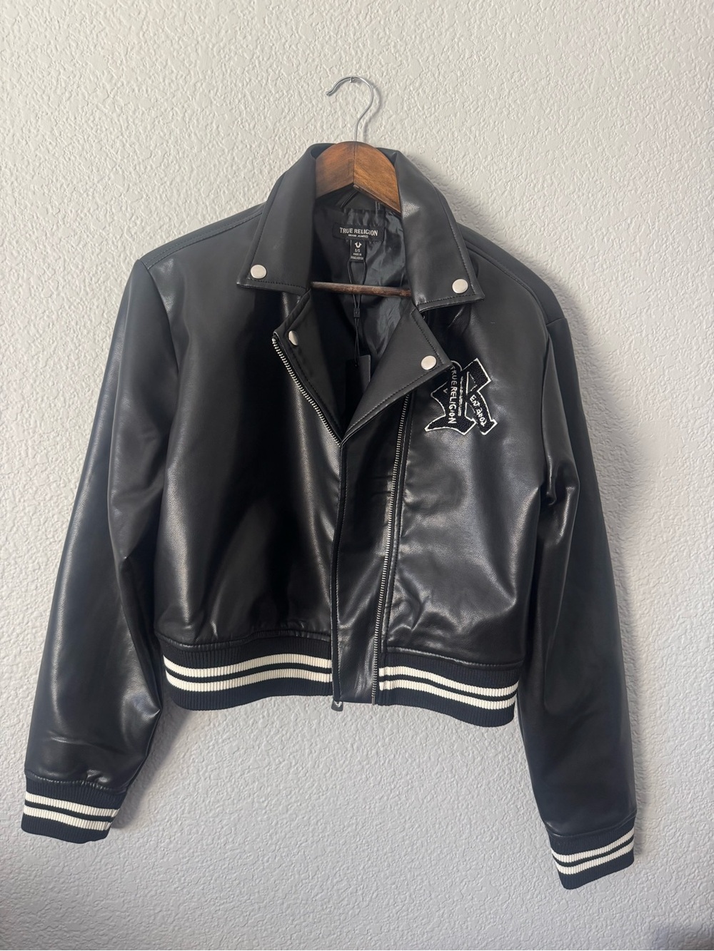 True Religion Black Faux Leather Varsity Jacket with Striped Hem
